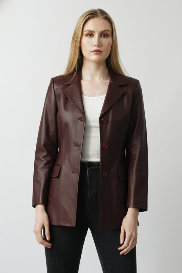 Längerer Damen Leder-Blazer in Lammnappa ohne Quernähte in Bordo