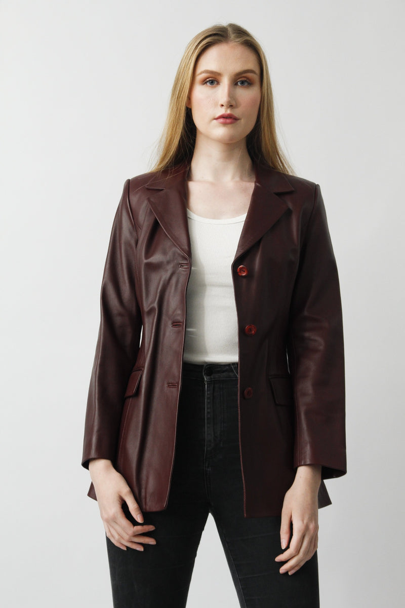 Längerer Damen Leder-Blazer in Lammnappa ohne Quernähte in Bordo