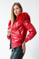 Kurze Damen Lederjacke aus Lammnappa rot mit Kapuze in Leipzig
