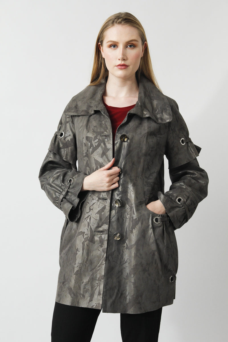 Lange Damen Lederjacke in grey Printed aus Lammnappa 