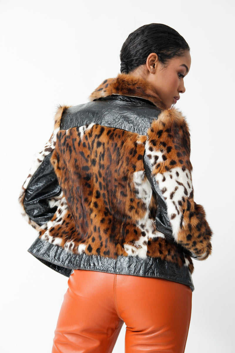 Kurze Damen Lederjacke kombiniert Rex-Kaninfell gemustert und Lammnappa schwarz