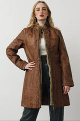 langer echten Damen Lederjacke aus Lammnappa in Vintage Look Braun