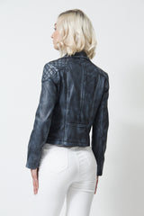 Kurze Damen Biker Lederjacke in Lammnappa Jeansblau im vintage Look