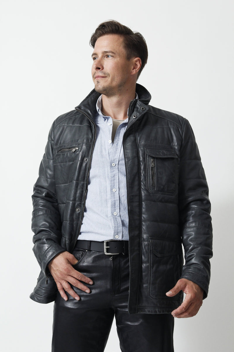 Lange Herren Stepplederjacke aus Lammnappa wattiert in anthrazit vintage Look