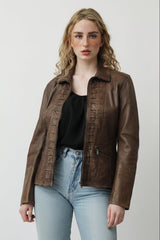 Kurze Damen Lederjacke in Teakwood Braun vintage Look aus Lammnappa