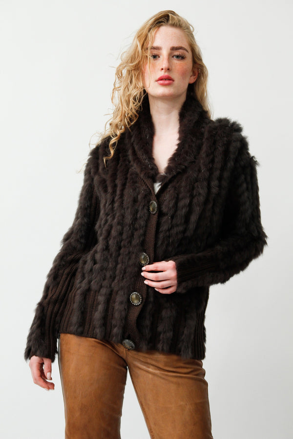 Halblange Damen Kaninchen Strickjacke dunkel Braun  in Baumwolle gewebt 