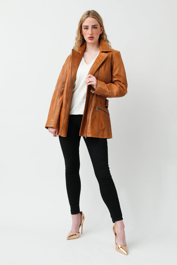 Sportliche Damen Lederjacke Lammnappa in Cognac Vintage Look mit Gürtel