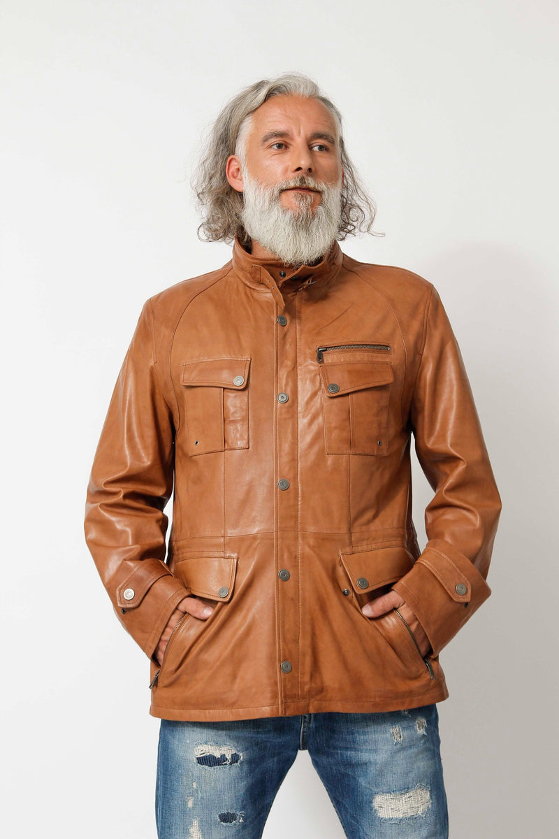 Sportlicher Herren Lammnappalederparka in Cognac washed Look unwattiert mit Stehkragen