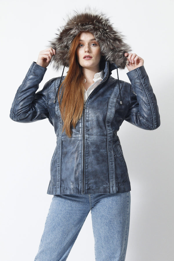 Kurzer Damen Lederparka blau vintage Look mit Kapuze und Silberfuchs 