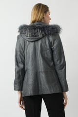 Damen Parka Lammnappa grey und crashoptik mit Kapuze und Fellrand