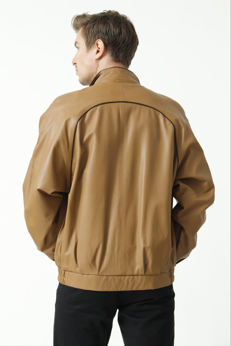 Herren Lederblouson aus Lammnappa in Cognac mit Stehkragen und Farbkontrast