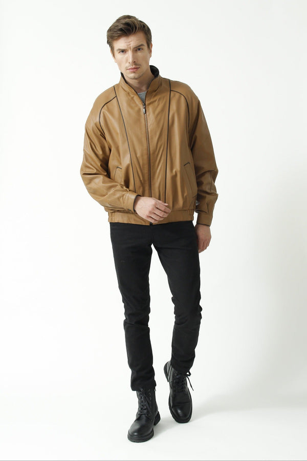 Herren Lederblouson aus Lammnappa in Cognac mit Stehkragen und Farbkontrast