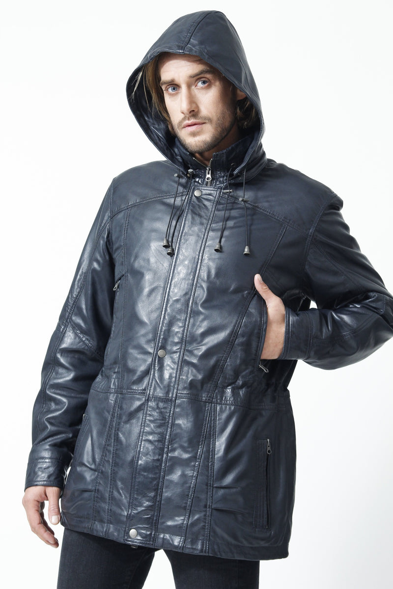 Herren Lederparka in Navy Blue aus Lammnappa mit Kapuze