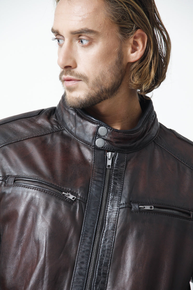 Herren Biker Lederjacke aus Lammnappa in Bordo-Schwarz und Brusttaschen