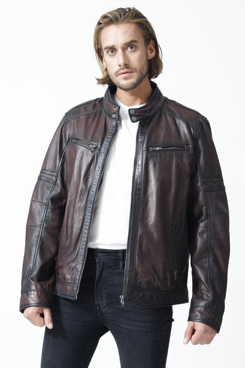 Herren Biker Lederjacke aus Lammnappa in Bordo-Schwarz