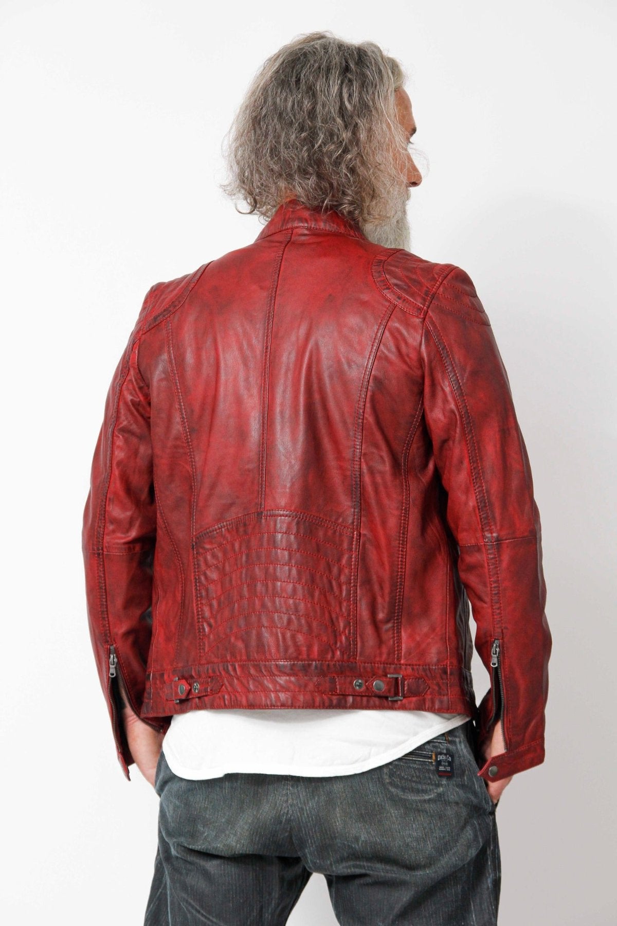 Kurze Herren Biker Lederjacke in Red – Leder Schmidt Online