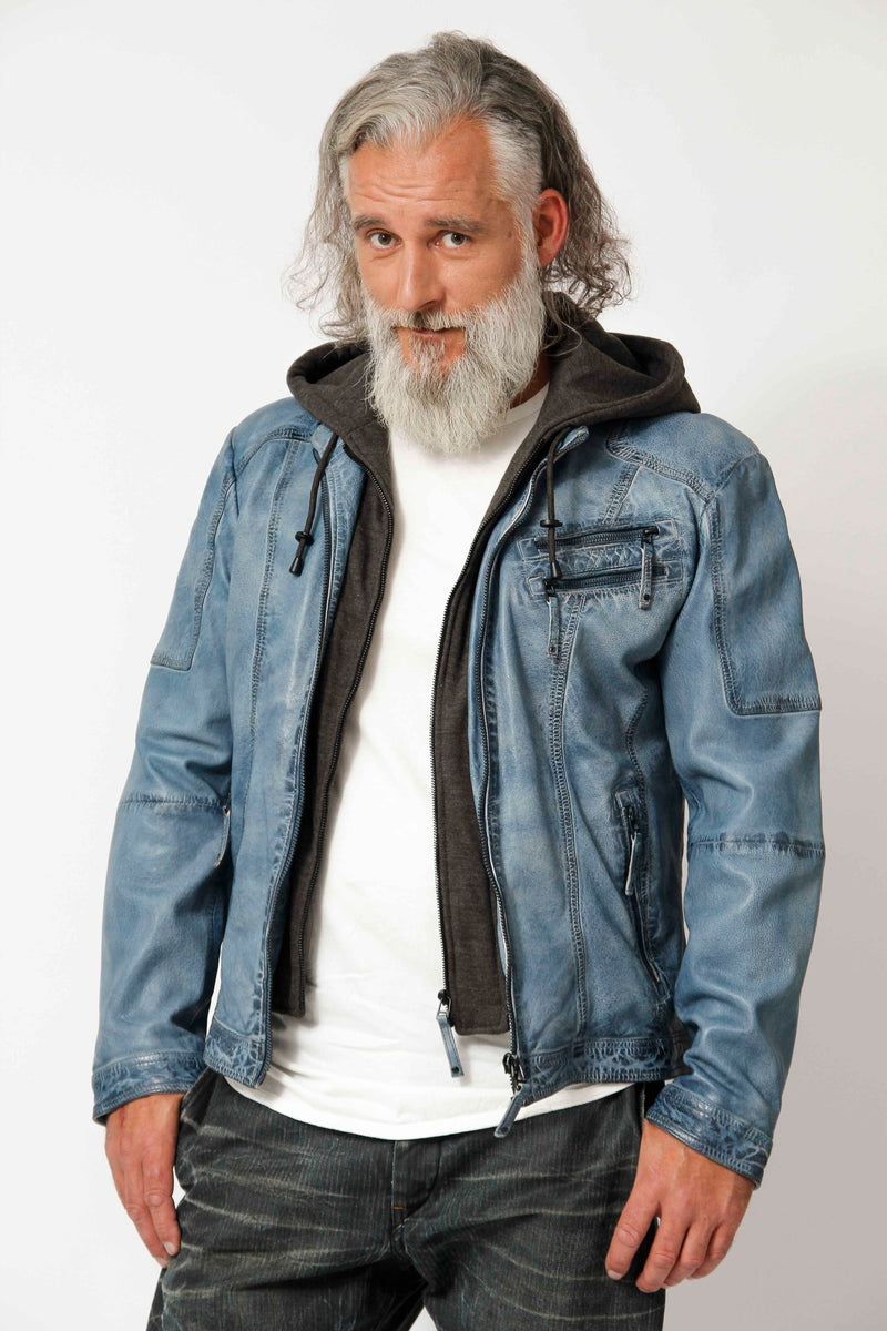 Herren Lammnappa Lederjacke Bikerstyle Ocean Blue  Vintage Look mit Kapuze