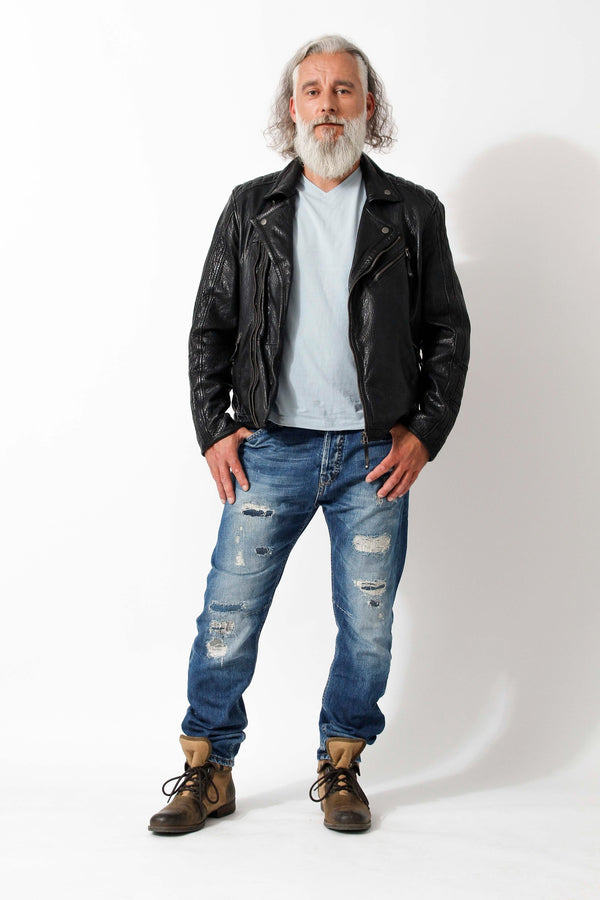 Kurze Herren Bikerlederjacke aus New Zealand Lammnappa schwarz Bubble Effekt