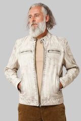 Kurze Herren Lammnappa-Lederjacke im Biker Look in offwhite vintage Optik