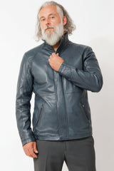 Halblange Herren echte Lederjacke aus Lammnappa Blau Vintage Look leicht wattiert