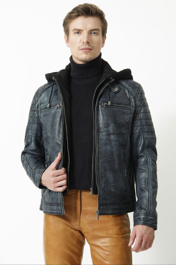 Coole Biker Jacke mit Kapuze Bikerstiyle in Vintagelook Lammnappa Blau