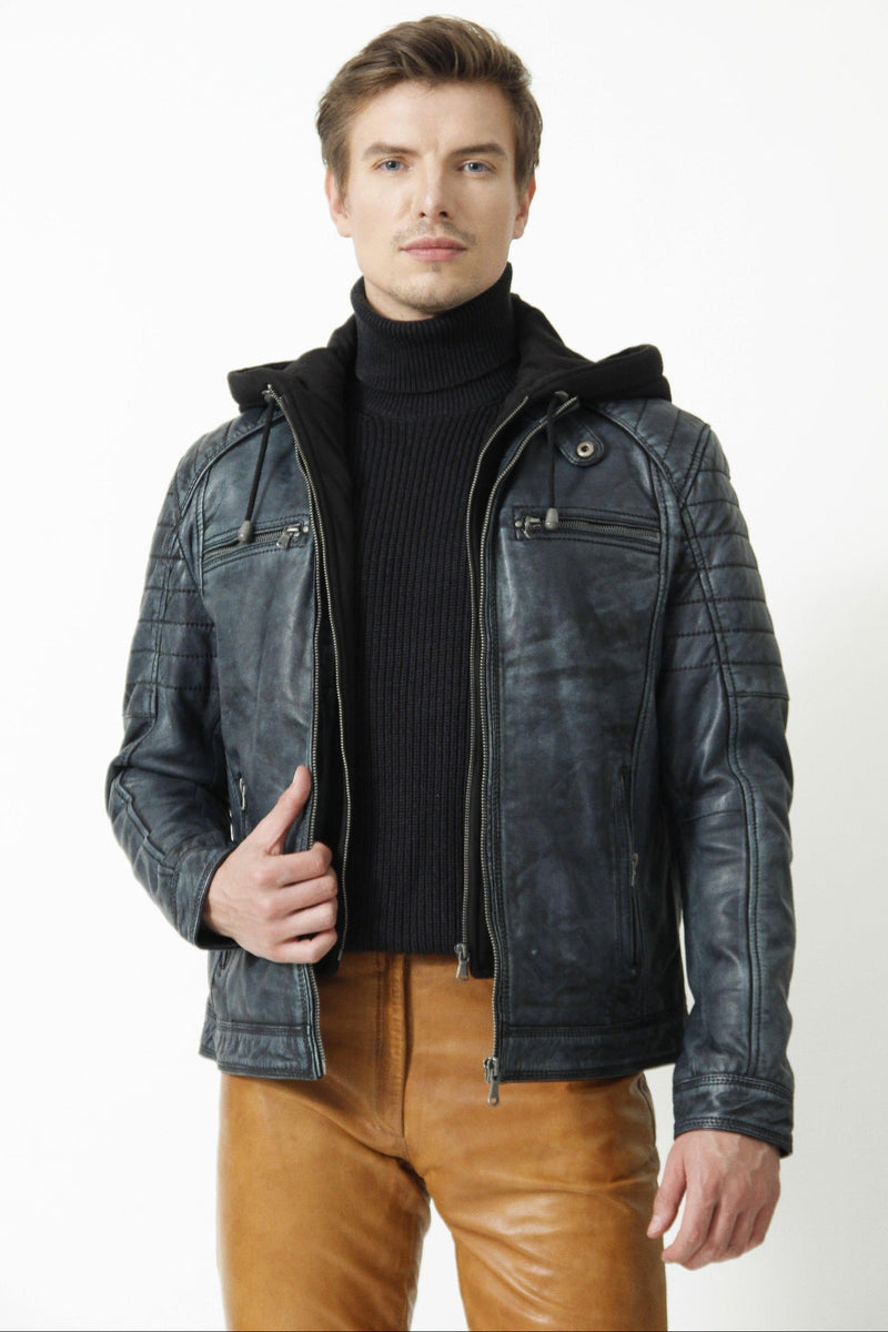 Coole Biker Jacke mit Kapuze Bikerstiyle in Vintagelook Lammnappa Blau