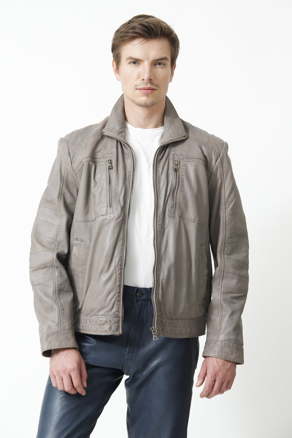 Herren Lederjacke in Lammnappa in Taupe hochschließbar Brusttaschen mit Reißverschluss