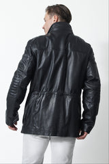 Herren Leder Parka mit doppelkragen in Lammnappa schwarz wattiert