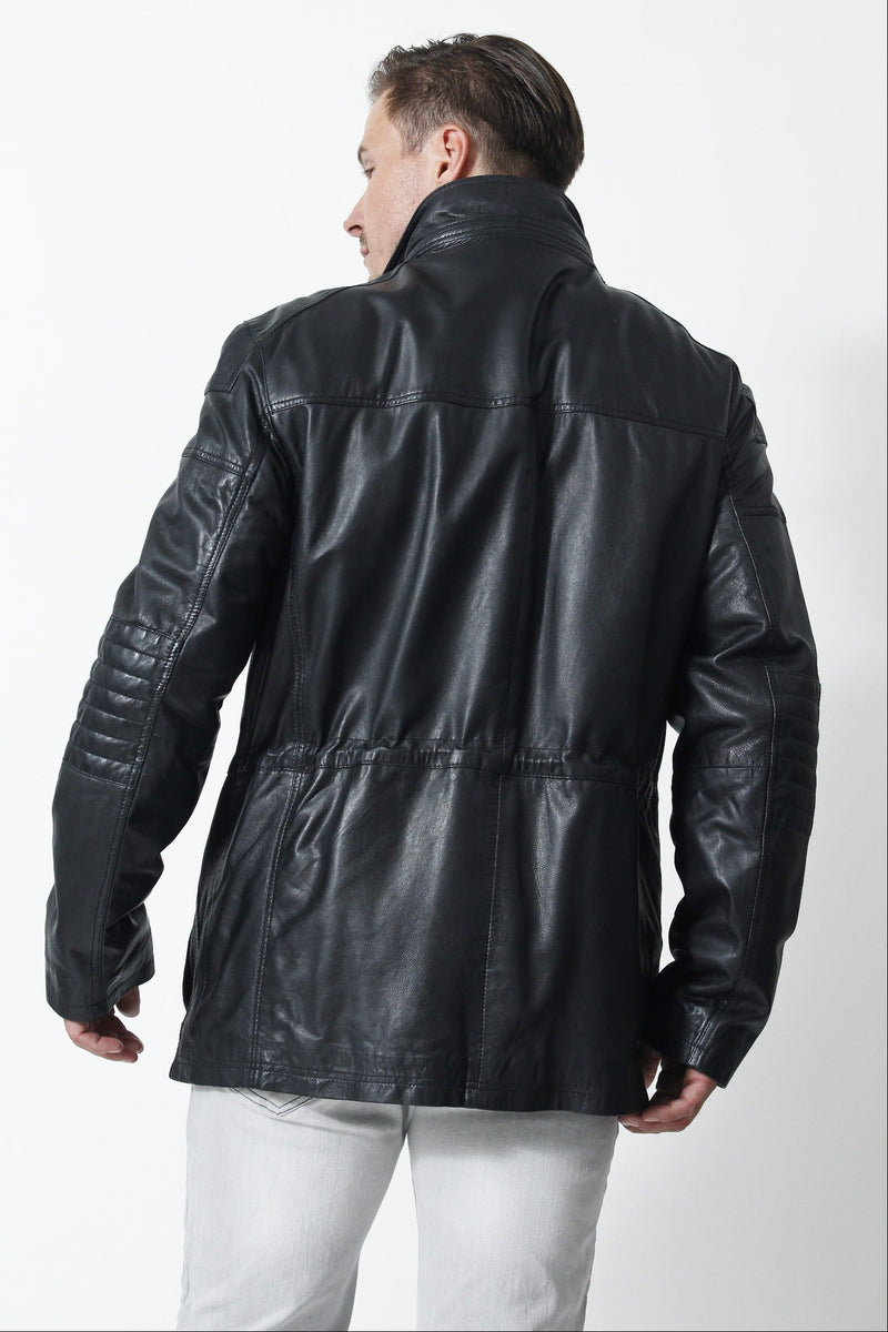 Herren Leder Parka mit doppelkragen in Lammnappa schwarz wattiert