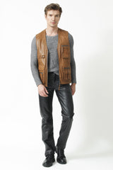 Leder Freizeit Weste aus Lammnappa washed cognac mit viele Taschen
