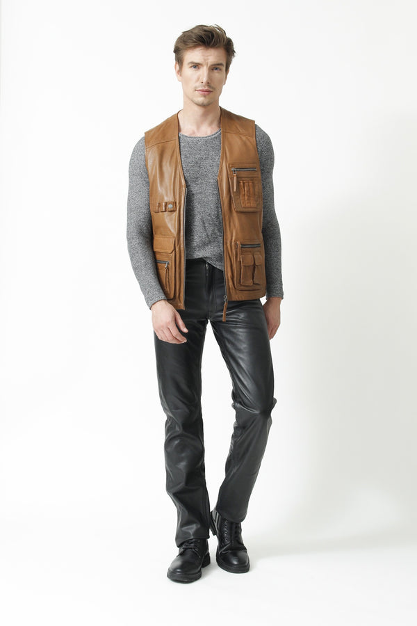 Leder Freizeit Weste aus Lammnappa washed cognac mit viele Taschen