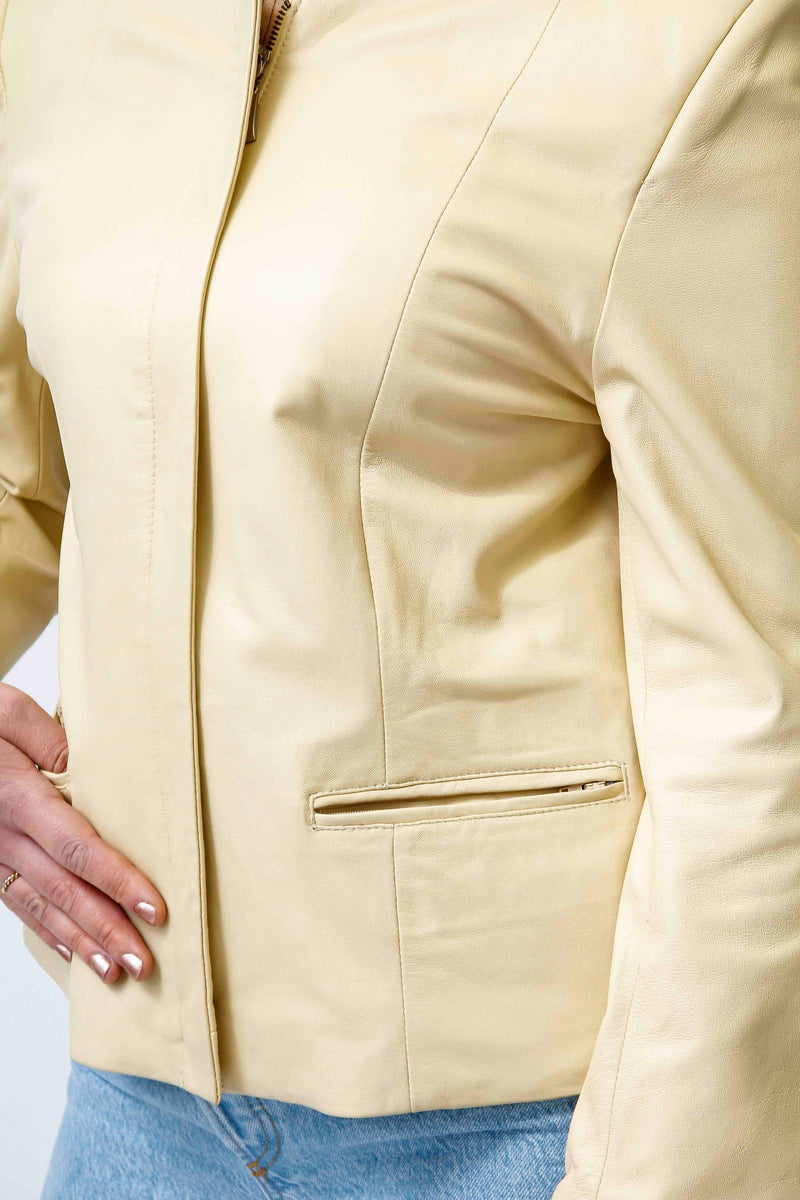leichte dünne Damen Lederjacke als Bolero Lammnappa vanille ohne Kragen
