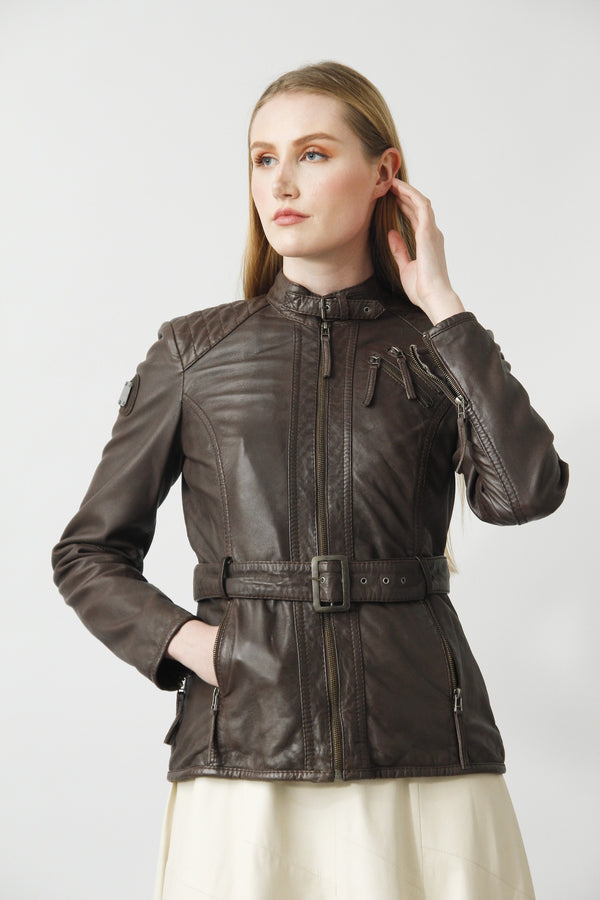 Halblange  Damen Bikerstyle Lederjacke in Lammnappa in Braun