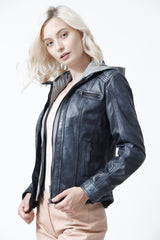 Damen echte Leder Biker Jacke im Jeans Washedlook Lammnappa Sky Blue mit Kapuze