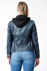 Damen Bikerstyle Lederjacke, Lammnappa Jeansblau washed Look tailliert mit Stoffkapuze