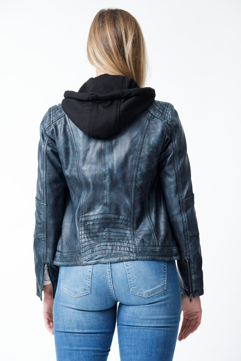 Damen Bikerstyle Lederjacke, Lammnappa Jeansblau washed Look tailliert mit Stoffkapuze