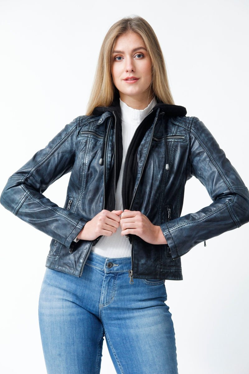 Damen Bikerstyle Lederjacke, Lammnappa Jeansblau washed Look mit Stoffkapuze abtrennbar