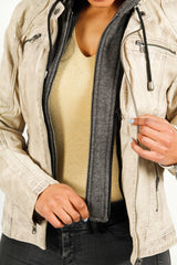 Damen Bikerstyle Lederjacke, Lammnappa Offwithe washed Look mit Stoffkapuze abtrennbar