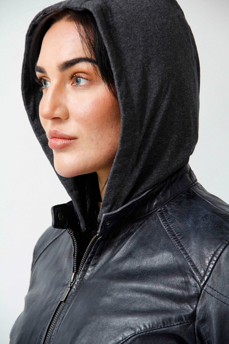  Kurze Bikerstyle Damenlederjacke in Navy vintage Lammnappa mit abnehmbare Kapuze