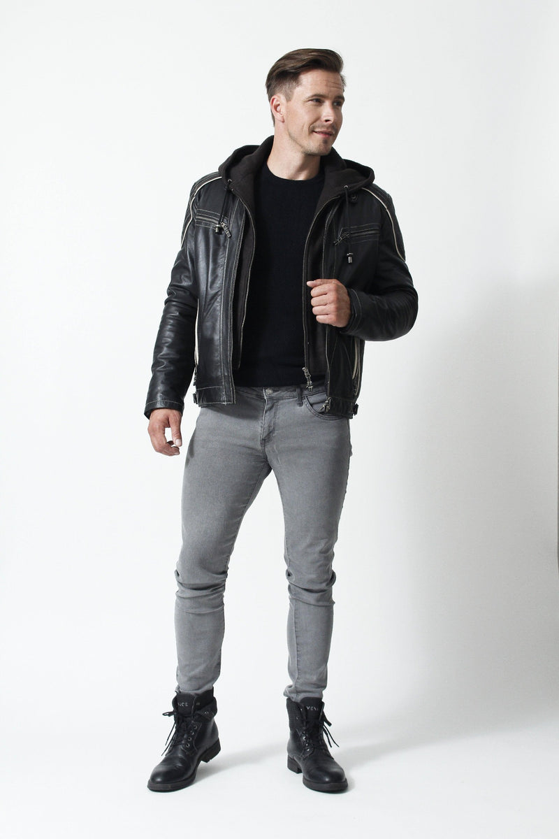 Leichte kurze Herren Lederjacke Lammnappa schwarz mit abnehmbarer Kapuze und vielen Taschen