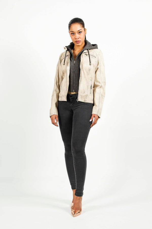 Damen Bikerstyle Lederjacke, Lammnappa Offwithe washed Look mit Stoffkapuze abtrennbar