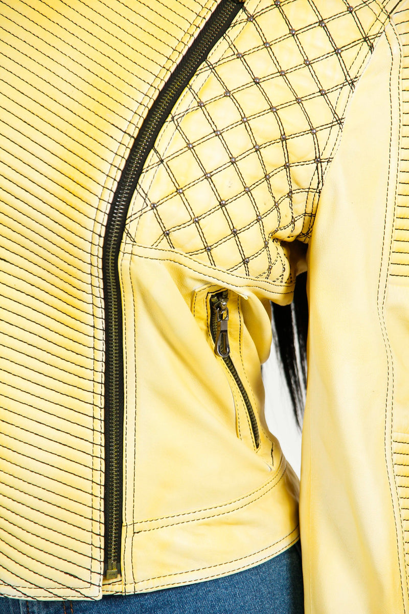 Damen Biker Lederjacke aus Lammnappa Gelb mit Stehkragen auf Taille