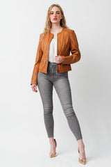 Kurze echte Damen Leder-bolero aus Lammnappa amaretto washed Look ohne Kragen