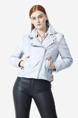Kurze Damen echte Biker Lederjacke in hell sky Blue Lammnappa