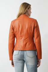 Damen Lederjacke mit taillierter Passform aus Lammnappa orange mit Stehkragen