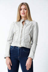 Kurze Bikerstyle Damen echte Lederjacke aus Lammnappa ivory tailliert mit Stehkragen