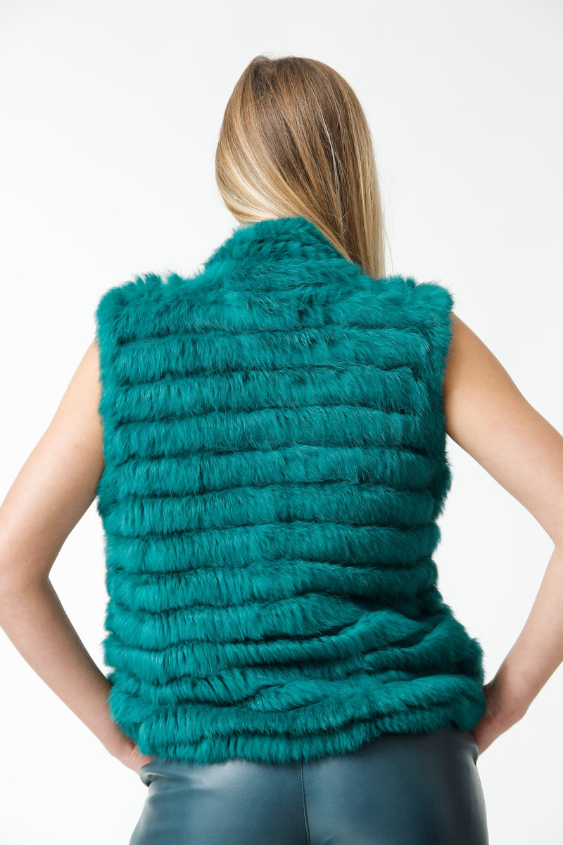 Kurze Fashion Damen Pelzweste aus Rexkanin in Grün hochschließbar