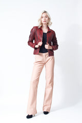 Kurze Damen Lederjacke Lammnappa tailliert in rot vintage Look antik