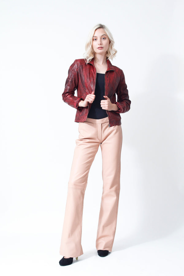 Kurze Damen Lederjacke Lammnappa tailliert in rot vintage Look antik