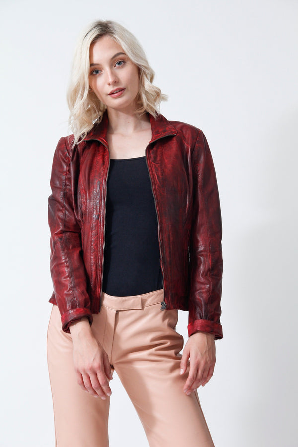 Kurze Damen Lederjacke Lammnappa tailliert dunkel rot vintage Look antik